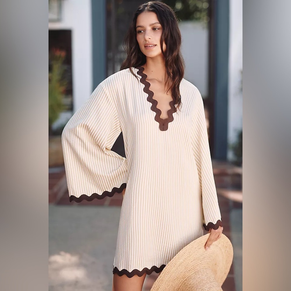 NWT new XS/S Anthropologie flat white striped Rickrack tunic ric rac brown tan